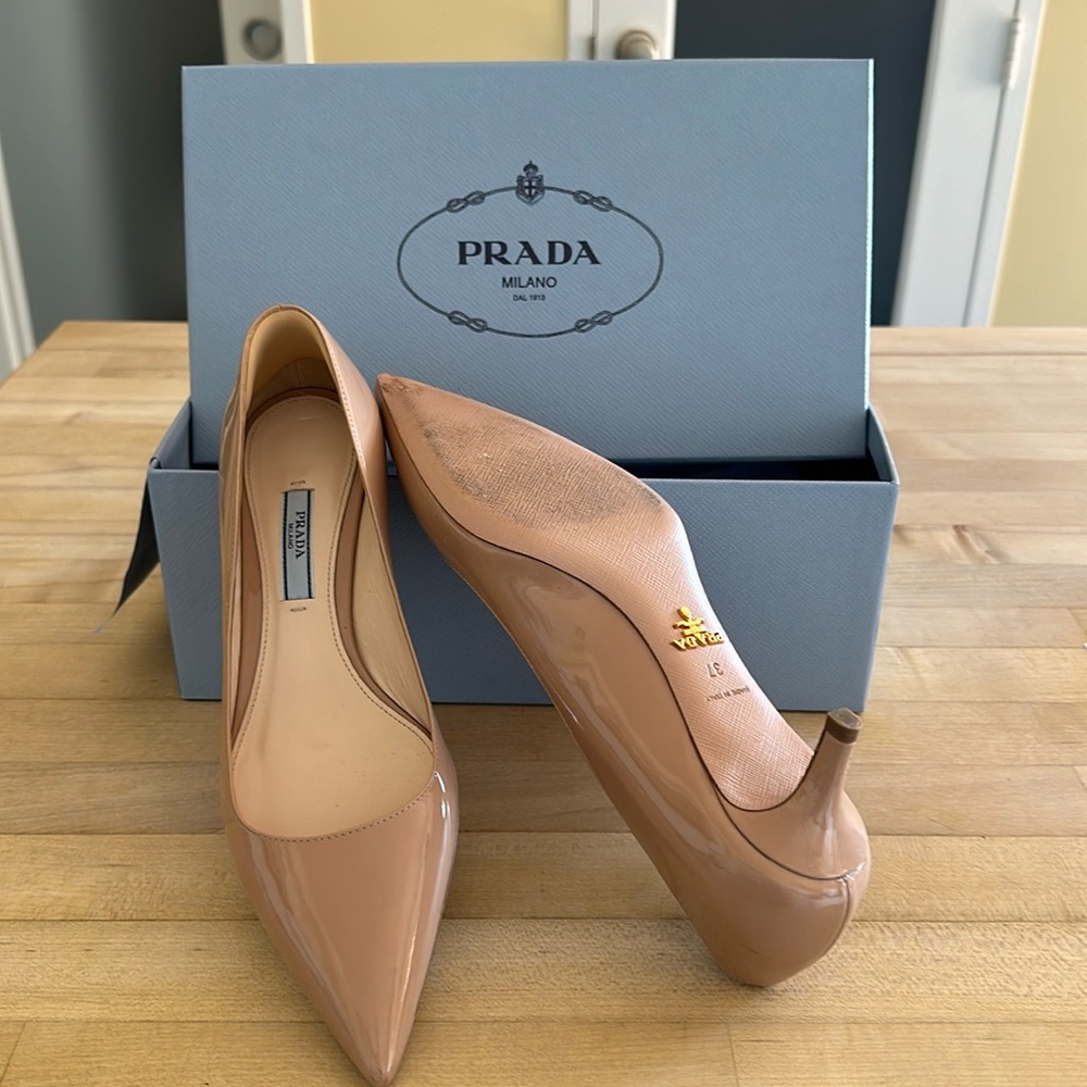 Prada Kit Heels - Nude Patent Leather